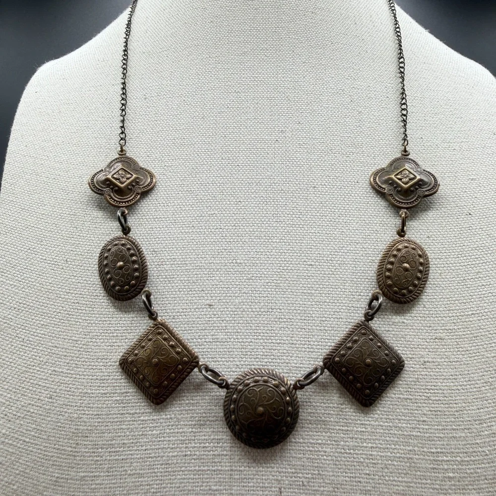 Bronze Tone Filigree Geometric Statement Necklace Boho Cottagecore Festival Gift